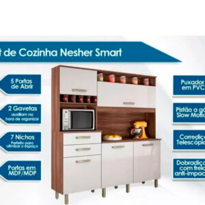 ARMÁRIO COZ KIT 5 PORTAS 2 GAVETAS NESHER SMART FREIJO-BRANCO - Imagem 3