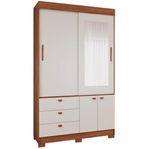 ROUPEIRO ALICE 2 PORTAS SLIDE COM KIT ESPELHO E KIT 6 PES RETANGULAR MENOR CINAMOMO OFF WHITE (PANAN)