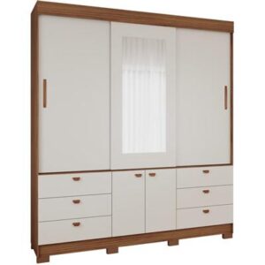 ROUPEIRO ALICE 3 PORTAS SLIDE COM KIT ESPELHO E KIT 8 PES RETANGULAR MENOR CINAMOMO OFF WHITE (PANAN)