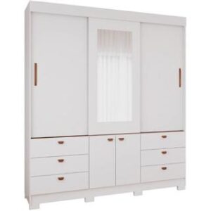 ROUPEIRO ALICE 3 PORTAS SLIDE COM KIT ESPELHO E KIT 8 PES RETANGULAR MENOR BRANCO (PANAN)